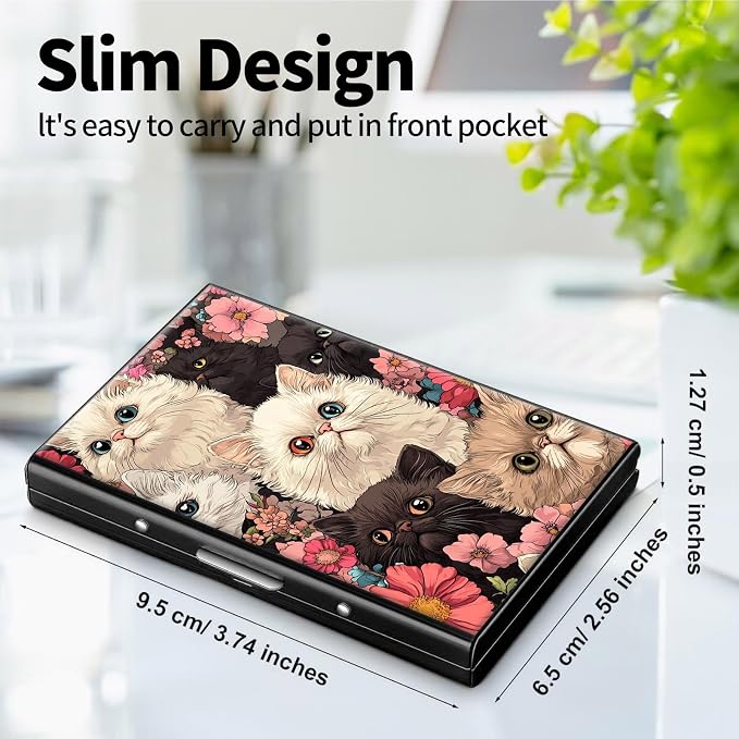 Metal Wallet, Credit Card Holder for Women Men Girls, RFID Blocking Aluminum Wallet Slim Hard Case, Mini Travel Wallet, ID Card Holder Business Card Case,Cats Flower