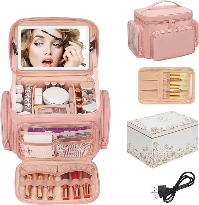 Large Makeup Bag with LED Mirror, Travel Makeup Bag Organizer for Women Girls with Makeup Brush Compartment & Two Side Pockets, 3 Color Lights Cosmetic Toiletry Bag- Leather Pink