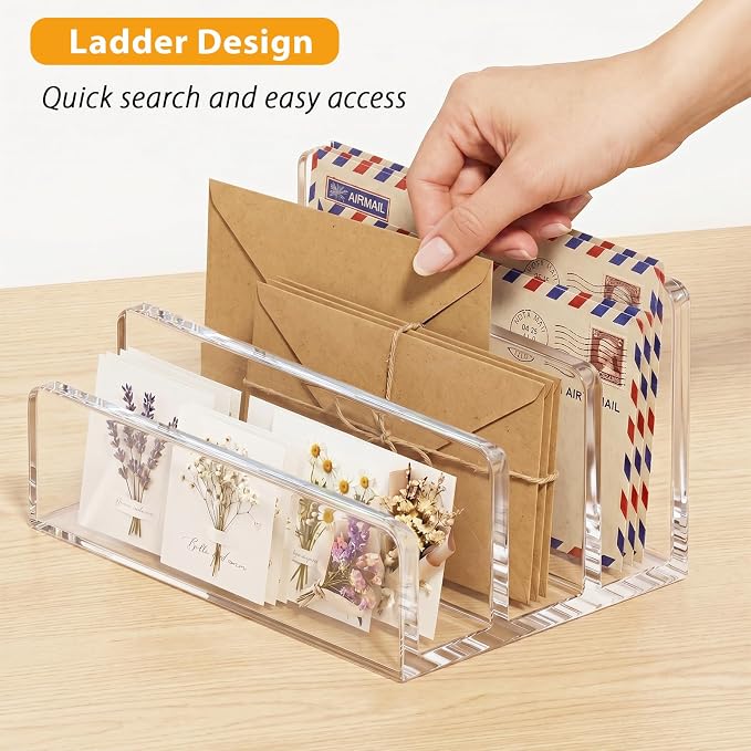 Clear Acrylic Mail Holder, 3-Compartment Vertical Letter Organizer for Desk, Space-Saving Desktop Files, Bills& Notebooks Holder for Home, Office & School