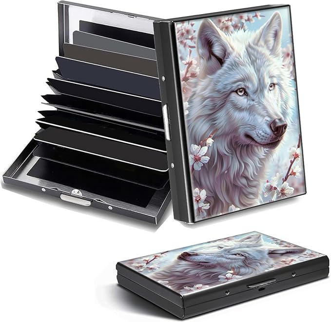 Credit Card Holder, Cute Wolf Design Mini RFID Blocking Aluminum Wallet Slim Metal Hard Case Shell Travel Wallet ID Case Small Credit Cards Case Business Cards for Women Men Girls
