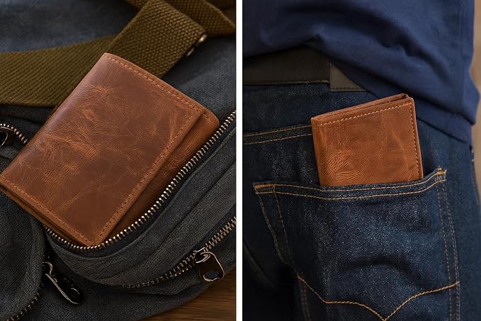 Tri fold Leather Wallet for Men with RFID | Slim Wallets for Men with 1 ID and 6 Credit card slots | Front Pocket Minimalist