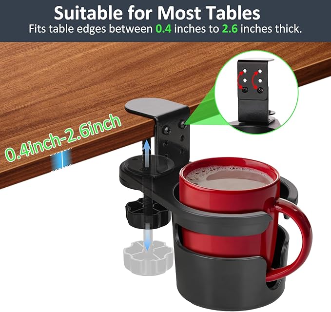 MYITYARD Desk Cup Holder Clamp, Anti-Spill Clip On Table Cup Holder, Rotatable Water Bottle Stand Drink Coffee Mug Storage, Office Accessories for Home and School (Black)