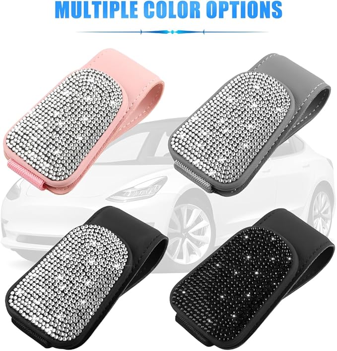 HZEL Bling Sunglass Holder for Car Sun Visor, Magnetic Leather Crystal Rhinestones Vehicle Eyeglasses Visor Clip, Diamond Automotive Glasses Hanger Mount, Universal for SUV RV Truck (Black)