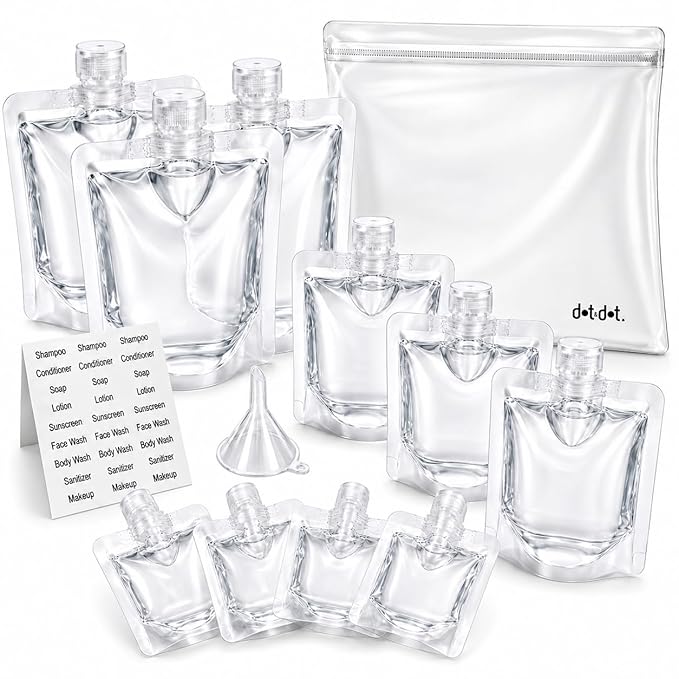 Travel Pouches for Toiletries, 13 Pack TSA Approved Refillable Travel Liquid Pouches, Flat Travel Bottles for Toiletries, Reusable 3oz Portable Containers with Funnel, Labels & Clear Carry On Bag