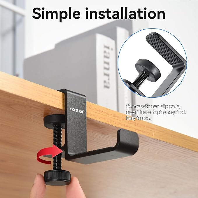 aceyoon Foldable Headphone Stand for Desk, Aluminum Headset Stand Clamp Hook Under Desk Space Save Mount, Headset Holder for Gaming Headphone (Single Foldable Stand)