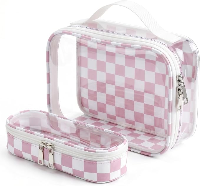 LETGO Clear Checkered TSA Approved Toiletry Bag,Beach Sunscreen Bag Organizer Pouch Set,Clear Waterproof Makeup Bags with Zipper,Purse Organizer Pouches,Travel Organizer Bags for Woman and Kids