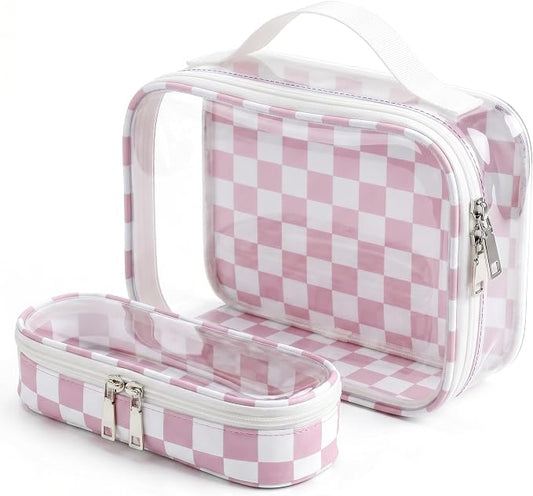 LETGO Clear Checkered TSA Approved Toiletry Bag,Beach Sunscreen Bag Organizer Pouch Set,Clear Waterproof Makeup Bags with Zipper,Purse Organizer Pouches,Travel Organizer Bags for Woman and Kids