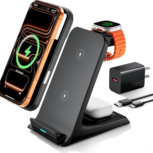 Wireless Charger for Thick Cases of 10MM/Otterbox/Heavy Duty, 3 in 1 Charging Dock for iPhone 17 16 15 14 Pro Max, Phone Stand Charging Station for Multiple Devices for Apple Watch/AirPods