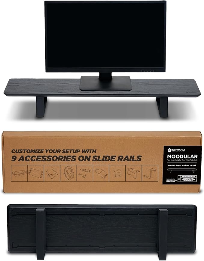 ULTRARM Moodular Wooden Monitor Stand 33.4??(85cm) Desk Organizer with Metal Slide Rails for Drawer, Tray, Laptop, Tablet, Phone & Headphones Customizable Riser for Organized Workspace Black MS85-B