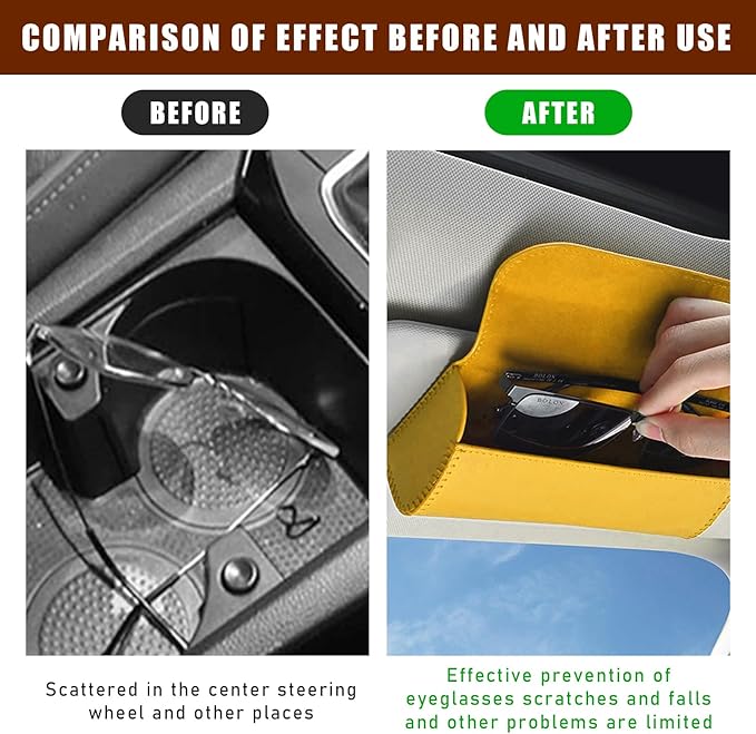 Augeny Sunglasses Holder for Car Sun Visor, Leather Auto Eyeglasses Storage Case with Hidden Magnetic Closure, Protective Glasses Organizer Box, Vehicle Visor Accessories for Woman Man (Yellow)