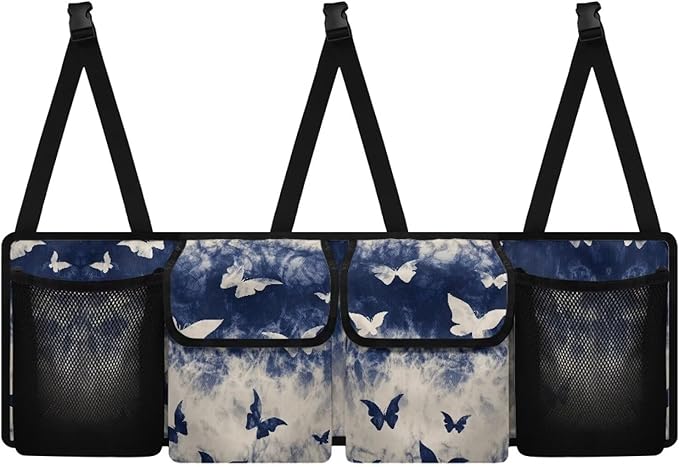 Blue Butterfly Car Backseat Hanging Trunk Organizer for SUV Collapsible Car Interior Accessories with 4 Pockets & 3 Adjustable Straps for Women
