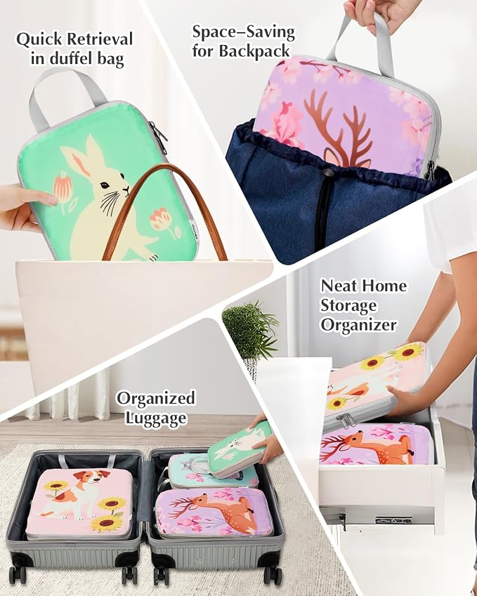 Gonex Compression Packing Cubes, 6pcs Expandable Storage Travel Luggage Bags Organizers with Shoe Bag Laundry Bag, Travel Cubes for Suitcase Carry On (Animals)