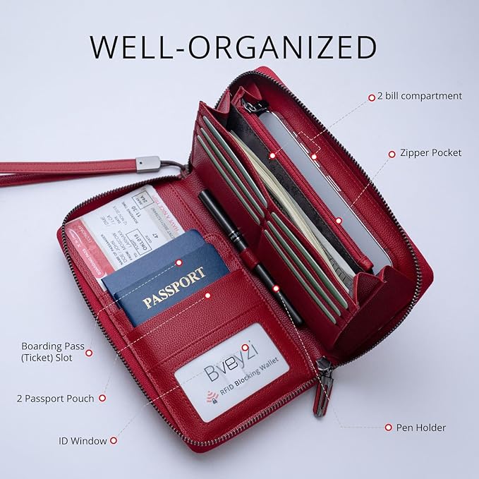 Travel Document Organizer RFID Blocking Leather Multiple Passport Wallet Family Holder Id Wrist Strap(Wine Red)
