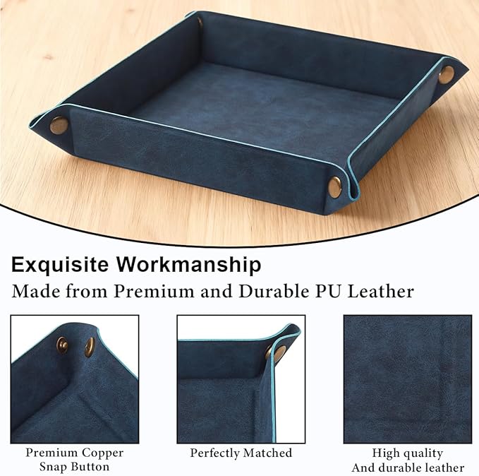 Valet Tray Desktop Storage Organizer – Premium PU Leather Catchall Bedside Vanity Tray Nightstand Caddy Holder for Remote Controller, Keys, Phone, Wallet, Coin, Jewelry,Blue