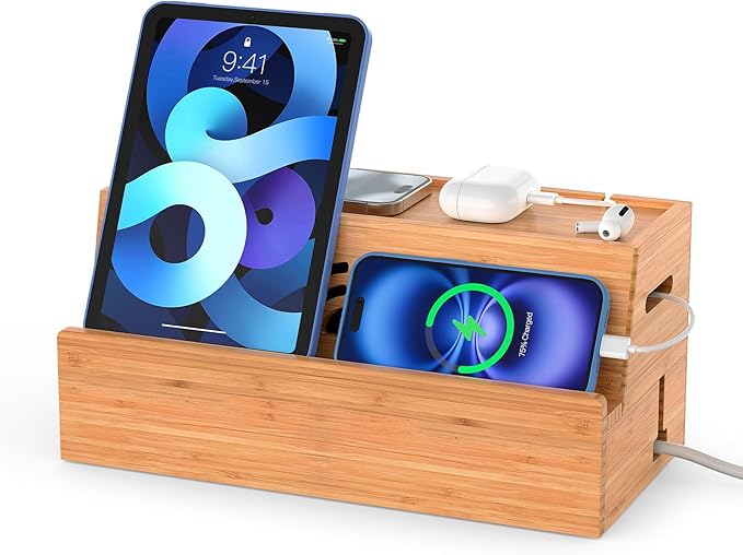 Bamboo Cable Management Box, Natural Color, 31X14X15.5CM, Cable Organizer Box for Desk with Conceal Power Cords and Power Strips, Suitable for Living Rooms, bedrooms, Offices and More