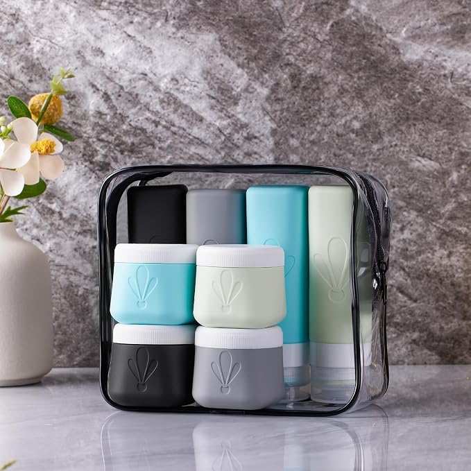 INSFIT travel bottles for toiletries 8 Pack, Leak proof Travel Size Toiletries Containers with toiletry bag, Squeezable Silicone Bottles & Cream Jars, Travel Essentials BPA-Free kit for Shampoo