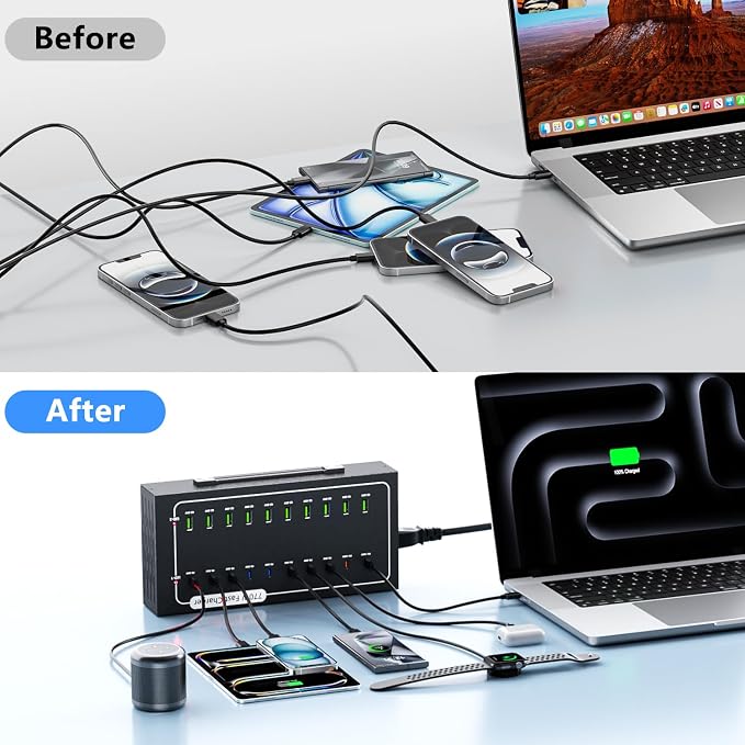 770W USB Charging Station with 20 Ports for Multiple Devices, 10 USB A+10 USB C, Charger Block,Smart Power Delivery & Multi Protection Compatible with iPhone/iPad/Tablets/Smartphones & More