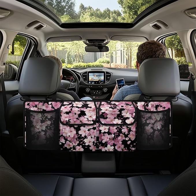 Cherry Blossom Car Organizer and Storage Seat Back Hanging Organizers Storage with 4 Pockets 3 Adjustable Straps Foldable Cargo Storage for SUV, Truck, MPV