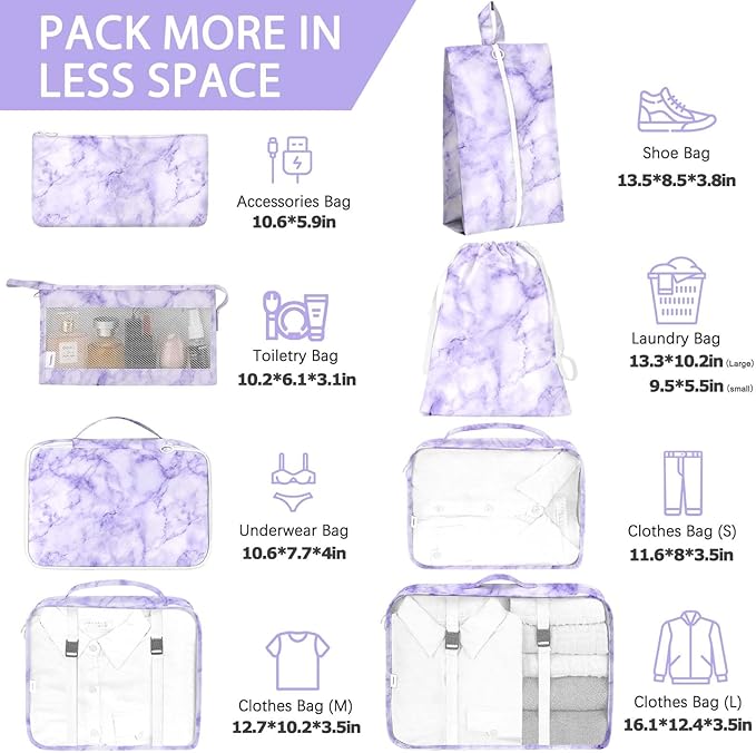 8 Set Packing Cubes for Travel, Luggage Packing Organizers Accessories Large Toiletries Bag for Clothes Shoes Cosmetics (8Set-Purple Marble)