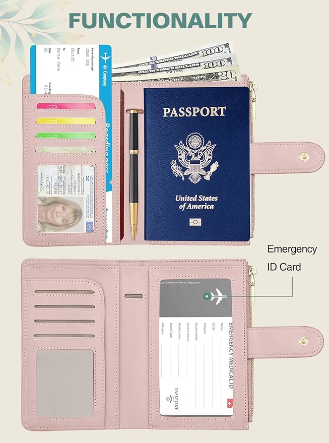 Passport Holder for Travel, Leather Passport Wallet with Airtag Slot, RFID Blocking Travel Wallet for Women Men, Passport Cover with Air Ticket Card Cash Coin Pocket, Travel Essentials Gift