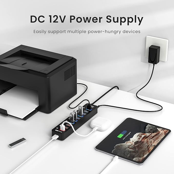 vantisan Powered USB 3.0 hub, 11-Port USB Hub Splitter Extension 7 USB 3.0 Data Ports + 4 Smart Charging Ports with Individual LED On/Off Switches and 12V/3A Power Adapter for USB Devices.