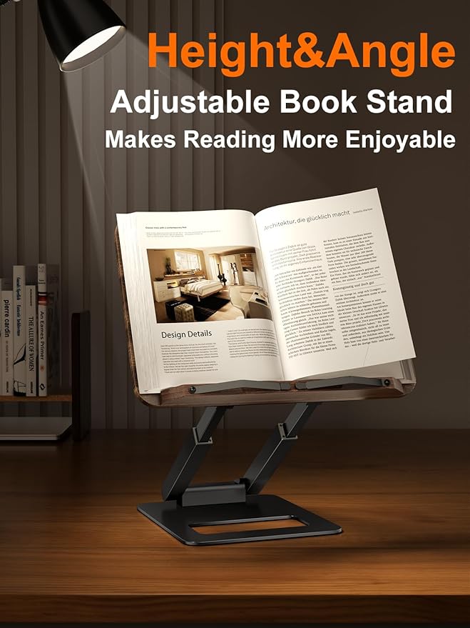 Tounee Telescopic Book Holder - Adjustable Height Cookbook Stand with Elastic Page Clips (Black)