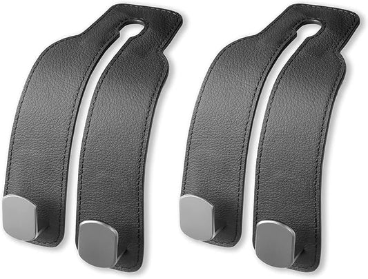 Jayanes Genuine Leather Car Seat Hooks for Headrest - Flexible Car Seat Back Storage Hook for Purses and Bags, Upgraded Car Purse Hook Holder Hanger Organizer for Head Rest (Black-2 Pack)
