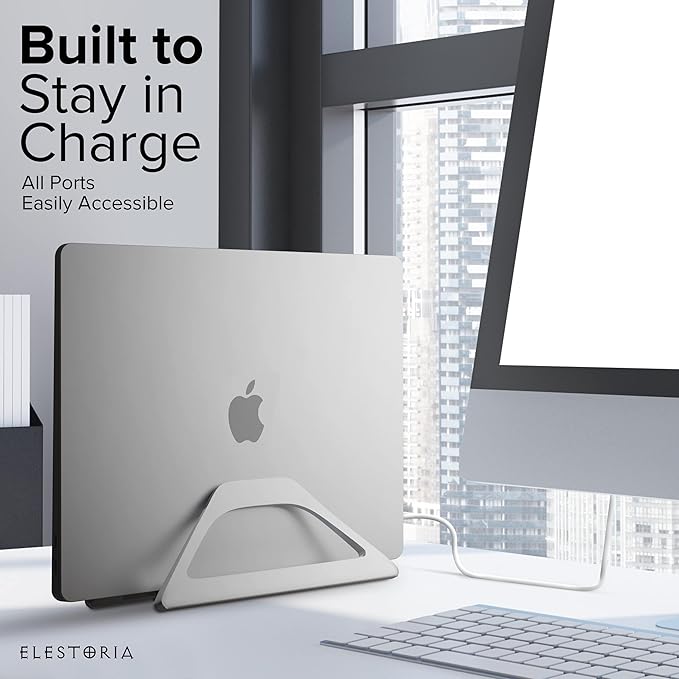 Elestoria Aluminum Vertical Laptop Stand with Gravity Auto-Lock ??Adjustable Laptop Holder Vertical fits MacBook Pro/Air, Chromebook & Gaming Laptops up to 17.3" ??Space-Saving Desktop Dock - Silver
