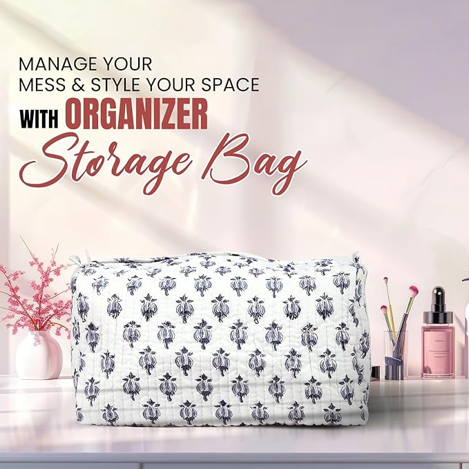 Cotton Hand Block Floral Print Toiletry Bag For Women Make Up Cosmetic Bag Jewelry Organizer Kit Storage Case Travel Accessories Essential Toiletries Purse Pouch (White - Small Medium Large, Set of 3)