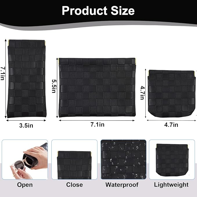 3Pcs Small Makeup Bag for Purse, Waterproof Portable Checkered Leather Makeup Pouch, Small Purse Pouches for Purse Small Coin Purse Organizer Pouches Snap Closure Pocket Cosmetic Bag for Women (Black)