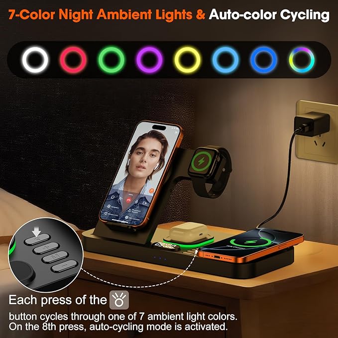 Dual Phone Magnetic Wireless Charging Station for Apple Devices/Apple Ecosystem, 7-Color Auto Light & 12H Clock, Multi-Device Charger for iPhone 17/16/15, for iWatch 11/10/9 & AirPods Pro3(Black