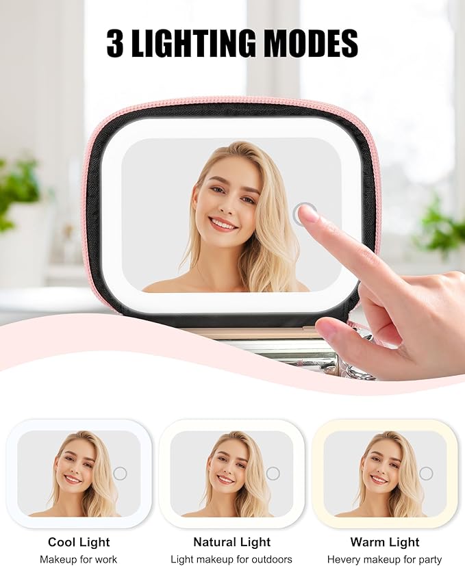 Relavel Mini Makeup Bag with Led Mirror for Women, Initial Cosmetic Bag with Adjustable Brightness, Personalized Travel Toiletry Bag, Preppy Make Up Pouch for Trip - Pink N