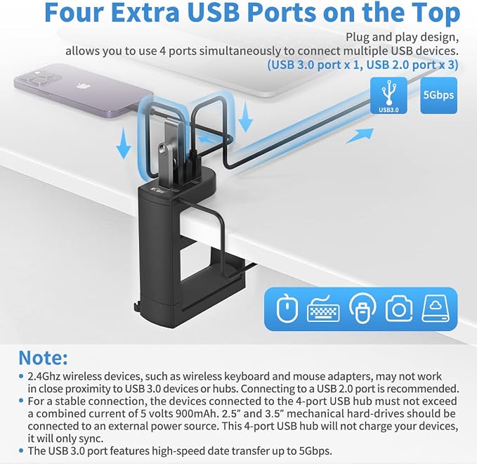 KIWIFOTOS Headphone Stand with 4 USB Ports Hub PC Gaming Headset Holder Hanger 360 Degree Rotation Clamp Under Desk Headphone Hook Mount with Cable Clip Organizer