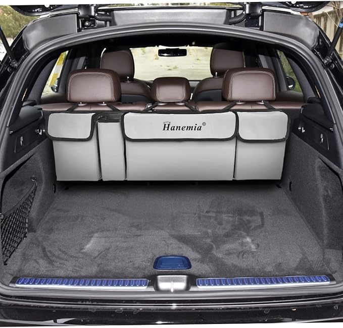 Car Trunk Organizer and Storage, Backseat Hanging Organizer for SUV, Truck, MPV, Waterproof, Collapsible Cargo Storage Bag with 4 Pockets, Car Accessories for Men and Women (Beige)