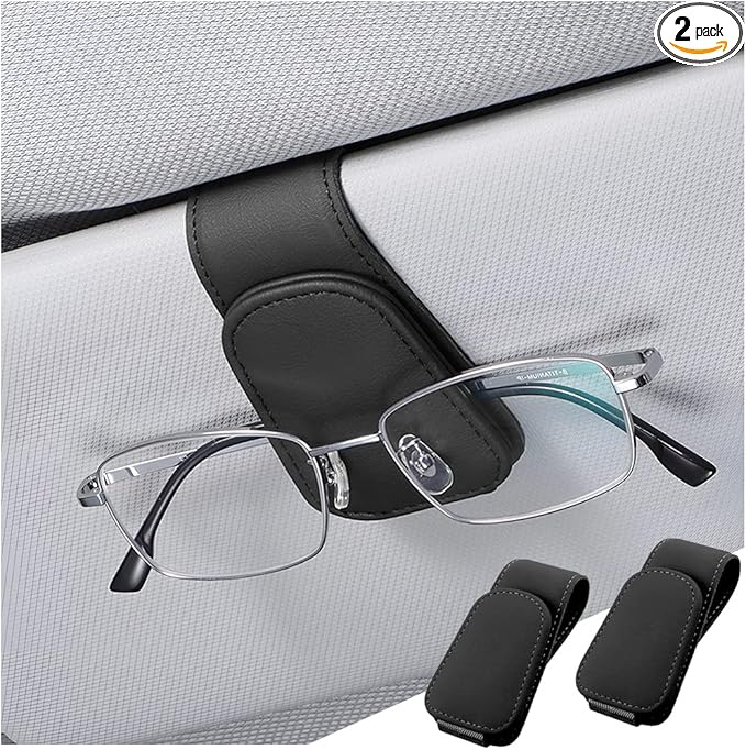 zipelo Sunglasses Holder for Car Sun Visor, 2 PCS Magnetic Leather Eyeglass Hanger, Sun Glasses Mount Clip on Visors, Ticket Card Cash Organizer, Auto Interior Accessories (Black)