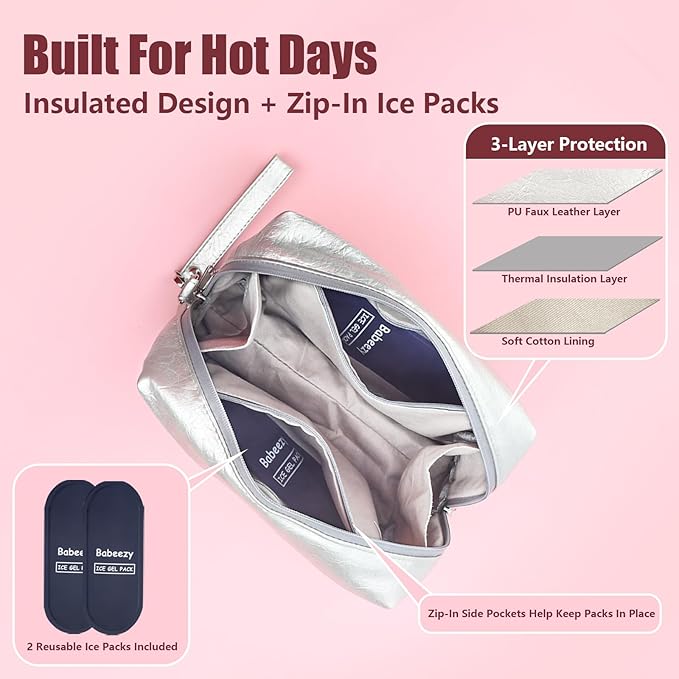 Insulated Cooling Makeup Bag with 2 Reusable Ice Packs Heat-Resistant Cosmetic Travel Organizer Silver Vegan Leather with Water-Resistant Double Zipper & Wrist Strap (Medium: 9.5x4.0x7.0in)