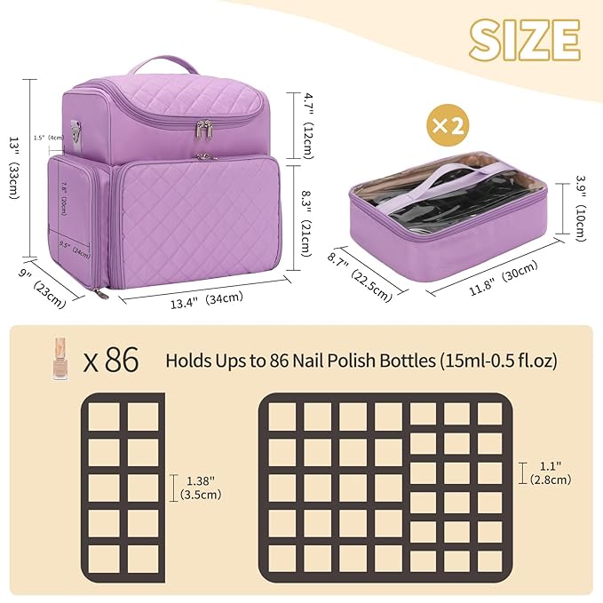 CUBETASTIC Extra Large Nail Polish Organizer Case Holds 86 to 100+ Bottles Nail Polish & Nail Lamp, Nail Supplies Storage Carrying Bag with 2 Removable Pouches (Purple, 86 Slots)