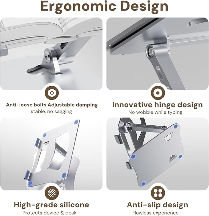 Laptop Stand for Desk – 2.5mm Aluminum Ergonomic Riser, Adjustable Height & Angle, Sturdy Yet Lightweight, Fits 10-17.3 Inch MacBook Pro/Air, Dell XPS, HP,Silver.