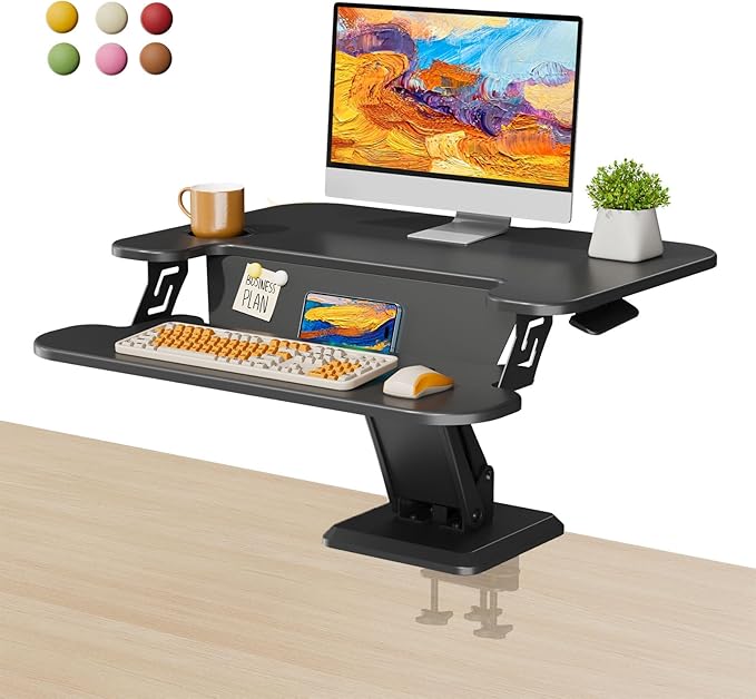 28" Standing Desk Converter, Height Adjustable Clamp Desktop Riser with Keyboard Tray, Sit Stand Monitor Riser Workstation for Home Office, Magnets Inclued, Black