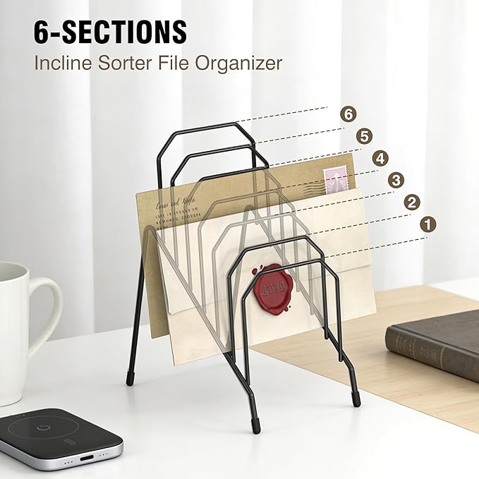 Gawerk Incline Desk Mail Organizer, Mail Sorter Letter Organizer Rack with 6-Section Vertical Compartments Rack for Letters, Postcards, Brochures, Mail Holder for Office, Home, School (2 Pack)