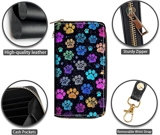 Colorful Dog Paw Prints Print Women Large Capacity PU Leather Zip Around Wallet, Multifunctional Clutch Purse for Cash/Card/Coin/Smart Phone