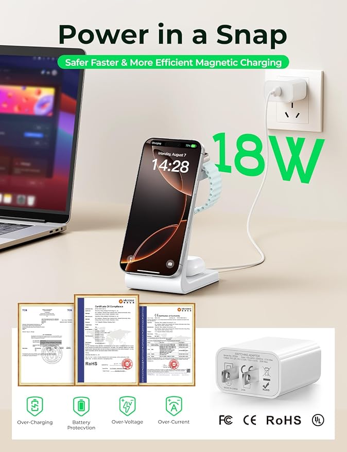 Meifigno 3 in 1 Wireless Charging Station for Apple MagSafe Charger, 15W Fast MagSafe Charger Stand Compatible with iPhone 17-12 Series, Apple Watch & AirPods, White