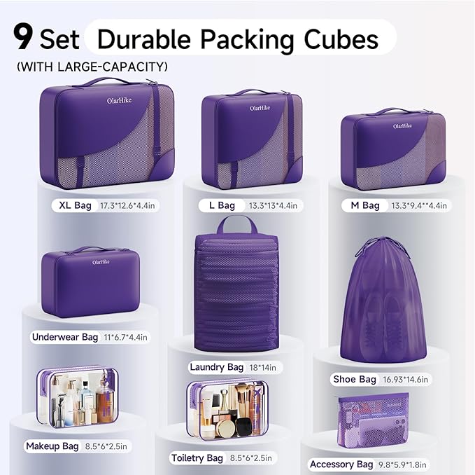 9 Set Packing Cubes for Travel, Gifts for Women Mom,Anti-Tearing Suitcase Organizer,OlarHike Vacation Essentials & Accessories for Cruise Ship