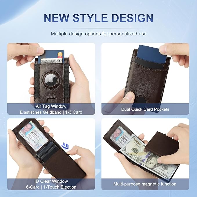 Magnetic Wallet with Card Holder for Iphone12~16, Slim & Minimalist Airtag Wallet with RFID Blocking Card Holder, Genuine Leather, Stretch Front Pocket (Coffee Brown)