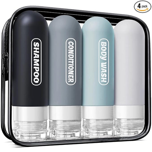 Silicone Travel Bottles for Toiletries with Labels, 3oz TSA Approved Squeezable Travel Size Containers, Leak Proof Travel Shampoo and Conditioner Bottles with Toiletry Bag (4 Pack, Dark Color)