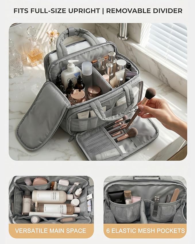 Lightweight Structured Travel Toiletry Bag for Women - Wide-Open Puffer Mini Duffel with Removable Divider, Waterproof Lining, Water-Resistant Exterior, Fits Full-Size Bottles & Shower Essentials