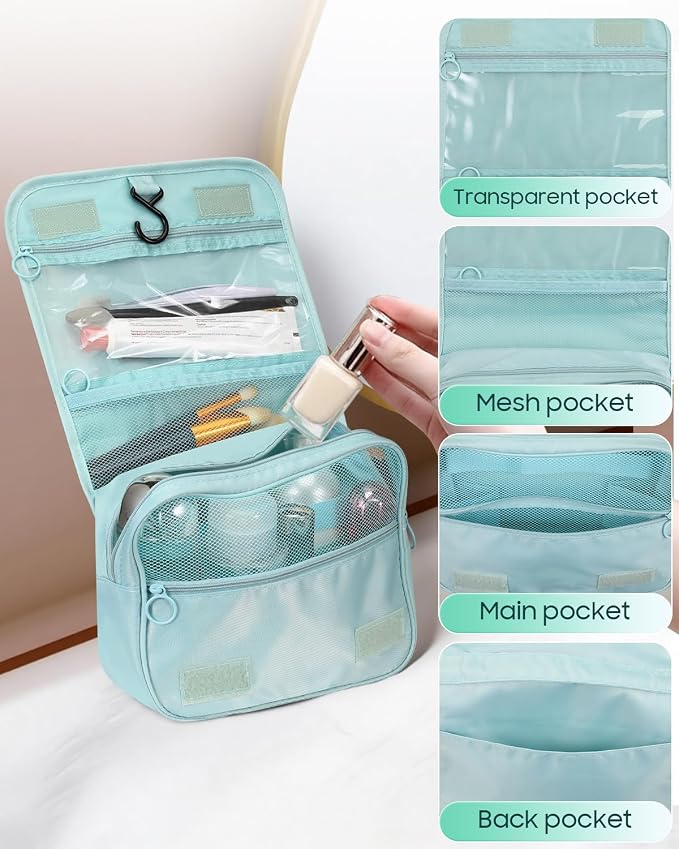FINPAC Toiletry Bag, Large Capacity Hanging Makeup Bag with Waterproof PVC Compartment, Travel Cosmetic Organizer for Women, Makeup Lovers, Cruise, Gym, and Family Trips, Blue