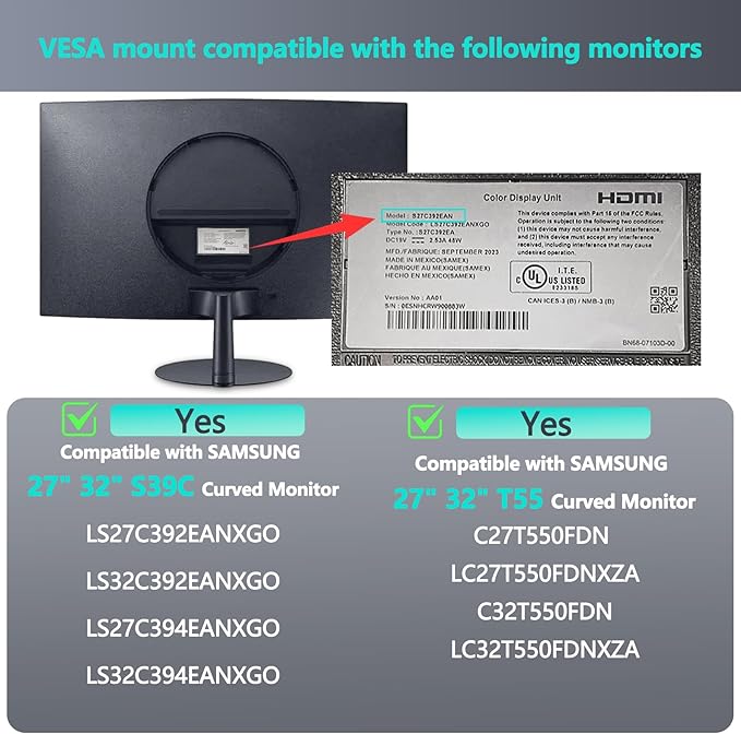 S39C Mount Adapter Compatible with Samsung S39C T55 Curved Monitor（Fits LC27T550FDNXZA, LC32T550FDNXZA, LS27C394EANXGO, LS32C394EANXGO, LS27C392EANXGO, LS32C392EANXGO Monitor）