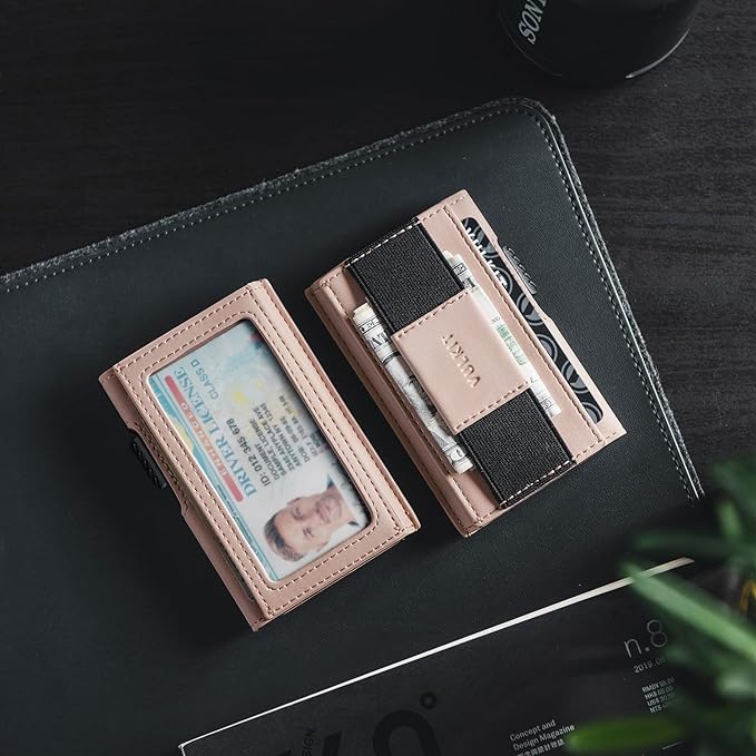 VULKIT Slim Aluminum Card Holder RFID Blocking with Outer Vegan Leather Sleeve, Pop-Up Card Wallet with ID Window and Elastic Strap for Money, Pink