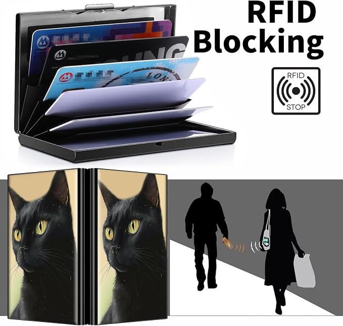 Metal Wallet, Credit Card Holder for Women Men Girls, RFID Blocking Aluminum Wallet Slim Hard Case, Mini Travel Wallet, ID Card Holder Business Card Case,Black Cat
